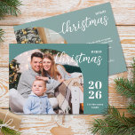 2 photos Christmas arch modern minimalist Holiday Card<br><div class="desc">This elegant and modern Christmas greeting card features a minimalist design displaying 2 of your favorite family pictures inside trendy arch frames. Easily customizable with your family name and the current year in stylish serif fonts over a modern teal background on the front and with your personal greeting message in...</div>