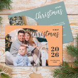 2 photos Christmas arch modern minimalist Holiday Card<br><div class="desc">This elegant and modern Christmas greeting card features a minimalist design displaying 2 of your favorite family pictures inside trendy arch frames. Easily customizable with your family name and the current year in stylish serif fonts over a light shade of orange on the front and with your personal greeting message...</div>