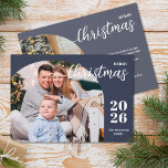 2 photos Christmas arch modern minimalist Holiday Card<br><div class="desc">This elegant and modern Christmas greeting card features a minimalist design displaying 2 of your favorite family pictures inside trendy arch frames. Easily customizable with your family name and the current year in stylish serif fonts over a classic blue background on the front and with your personal greeting message in...</div>