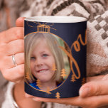 2 PHOTOS Christmas Tree Decorations Joy Navy Coffee Mug<br><div class="desc">Modern navy blue chalkboard coffee mug with 2 custom photos inside two Christmas tree hanging globe decorations,  metallic copper pine trees and "joy" trendy chic calligraphy script.             Personalize it with your images and your text.           It can make a wonderful Christmas gift for grandparents or a lovely family keepsake.</div>