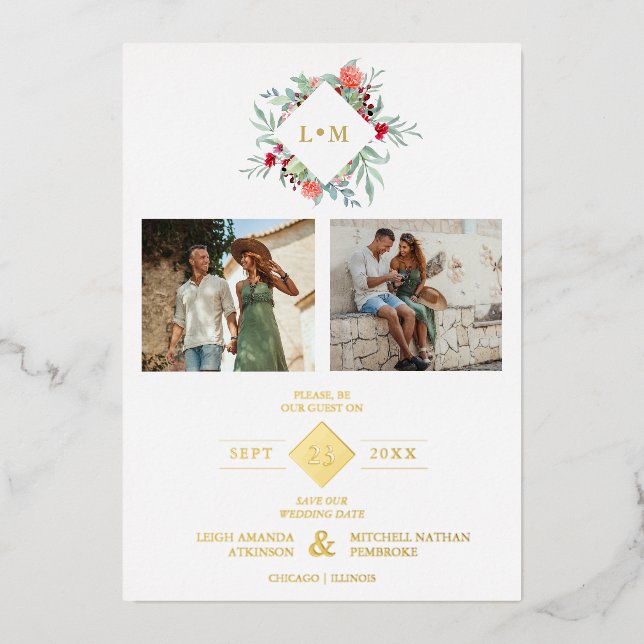 2 Photos Collage Modern Initials Floral Anagram Foil Invitation (Front)