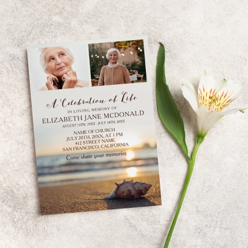 2 Photos Conch on Beach Celebration of Life Invitation