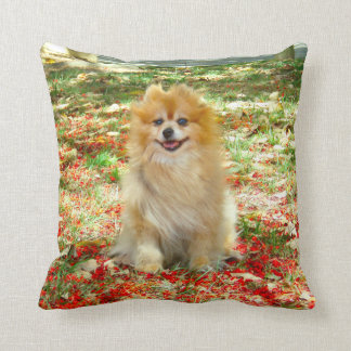 2 Photos Cute Pomeranian dog red flowers Throw Pillow