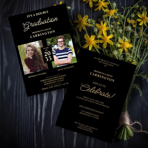 2 Photos Double Twins Graduation Real Golden Black Foil Invitation