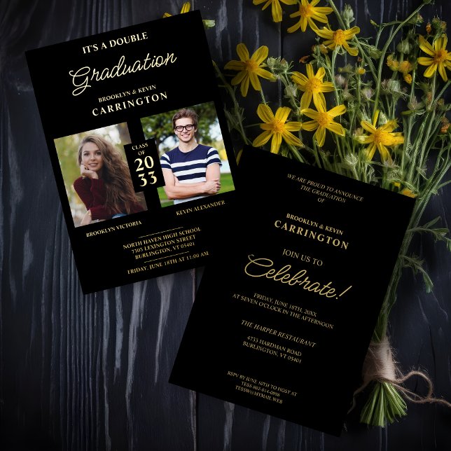 2 Photos Double Twins Graduation Real Golden Black Foil Invitation (Creator Uploaded)