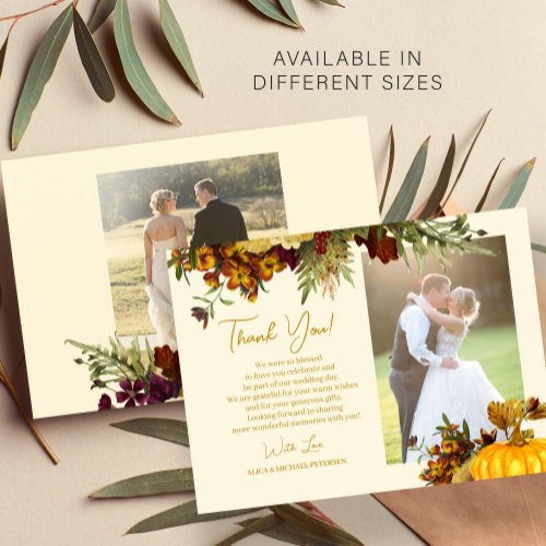 2 photos fall botanical wedding thank you note card