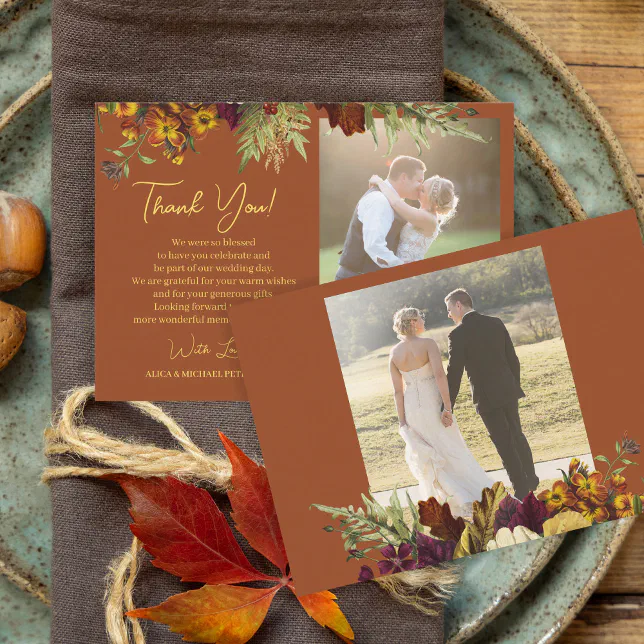 2 photos fall burnt orange wedding thank you note card | Zazzle