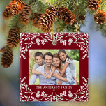 2 Photos Family Winter Greenery Red Christmas Ceramic Ornament<br><div class="desc">This dark red Christmas ornament showcases an elegant white winter greenery illustration that frames the horizontal photo. The design offers space for 2 photos,  one on the front and another on the back. Personalize this lovely keepsake ornament with your family name and the year.</div>