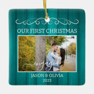 2 Photos First Christmas Engaged Teal Wood Grain  Ceramic Ornament
