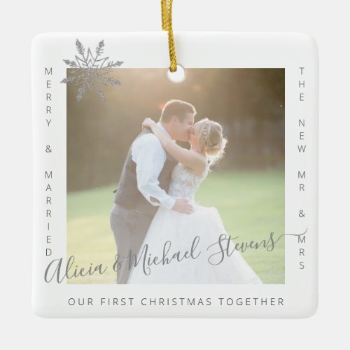 2 photos First Christmas Mr and Mrs married couple Ceramic Ornament