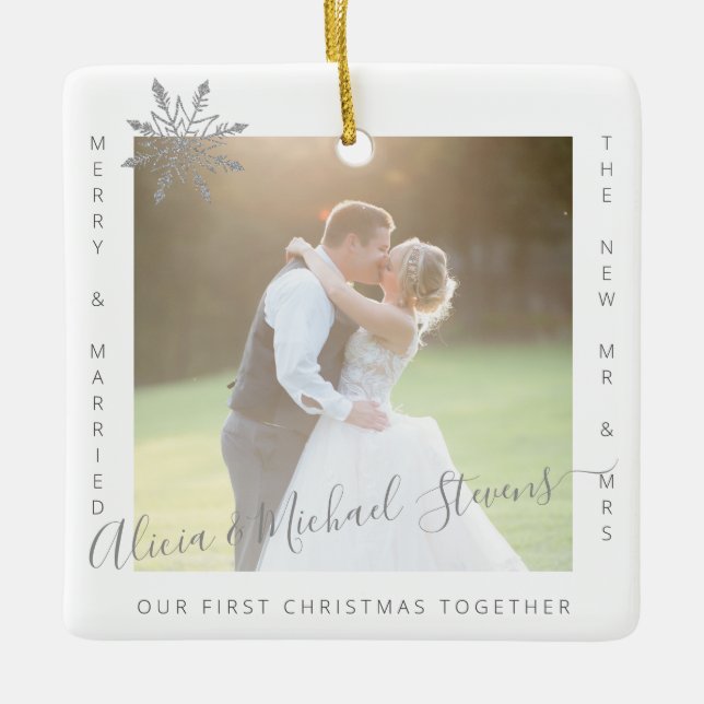 2 photos First Christmas Mr and Mrs married couple Ceramic Ornament (Front)