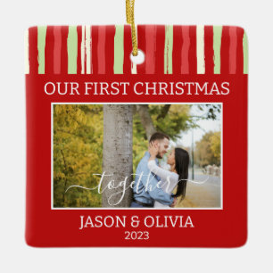 2 Photos First Christmas Together Red Green Stripe Ceramic Ornament