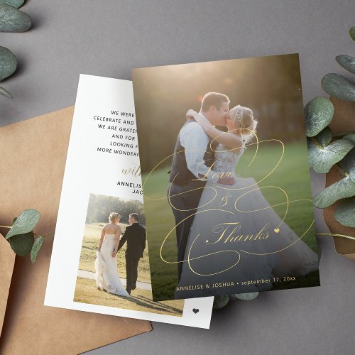 2 photos gold calligraphy love and thanks wedding thank you card