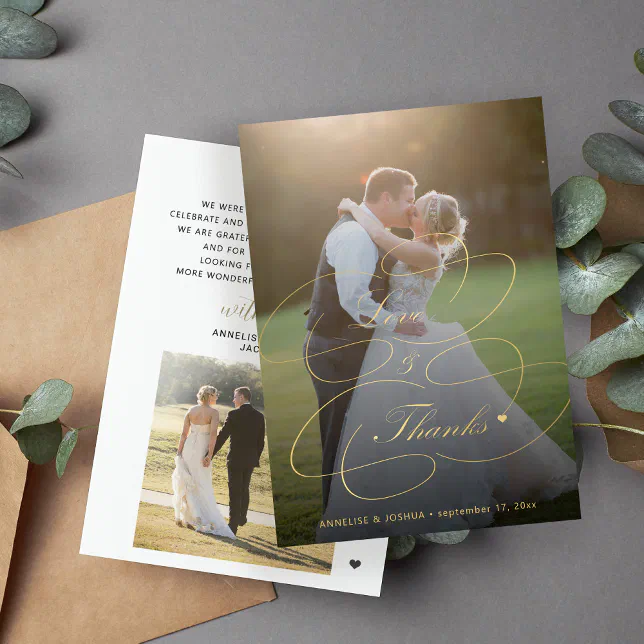 2 photos gold calligraphy love and thanks wedding thank you card | Zazzle