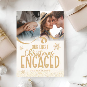 2 photos Gold Glitter First Christmas Engaged Holiday Card