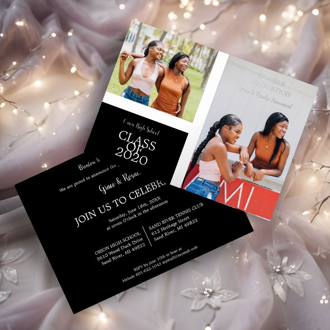 2 Photos Graduates Simple Graduation Real Foil Invitation (Minimal 2 Photos Graduates Twins Simple Graduation Real Metallic Foil Invitation Card.)