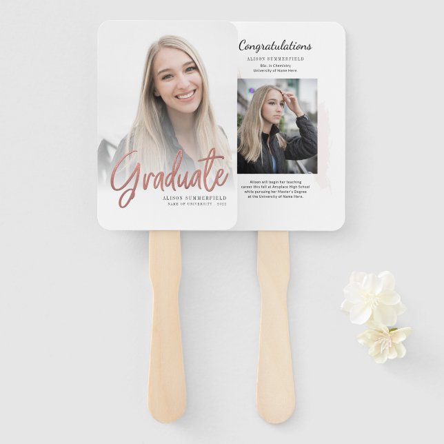2 Photos Graduation Modern Script Grad Hand Fan (Front and Back)