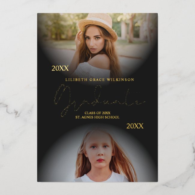 2 Photos Graduation Real Golden Foil Then & Now Foil Invitation