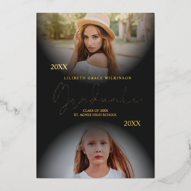 2 Photos Graduation Real Golden Foil Then & Now Foil Invitation (Front)