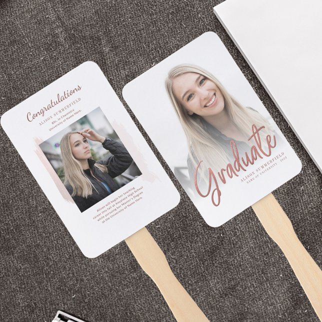 2 Photos Graduation Rose Gold Script Grad Hand Fan (Creator Uploaded)