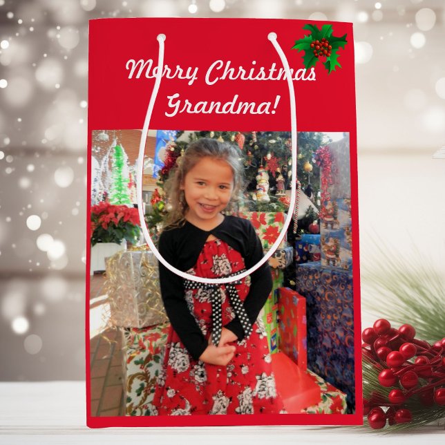 2 Photos Grandma Merry Christmas Personalize Medium Gift Bag (Creator Uploaded)