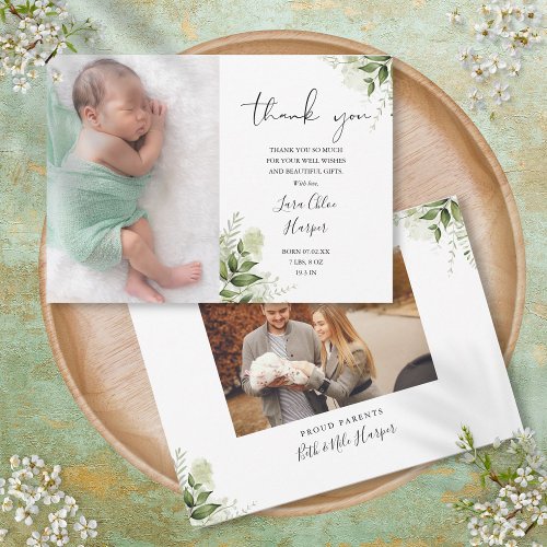 2 Photos Greenery Floral Thank You Baby Birth Announcement