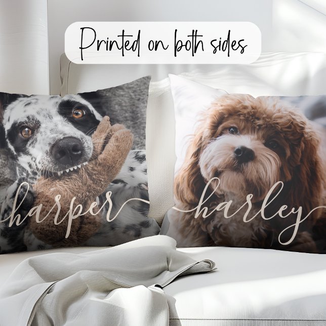2 Photos & Handwritten Script Names Throw Pillow (Creator Uploaded)
