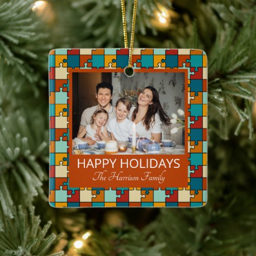 2 Photos Happy Holidays Family Vintage Puzzle Ceramic Ornament