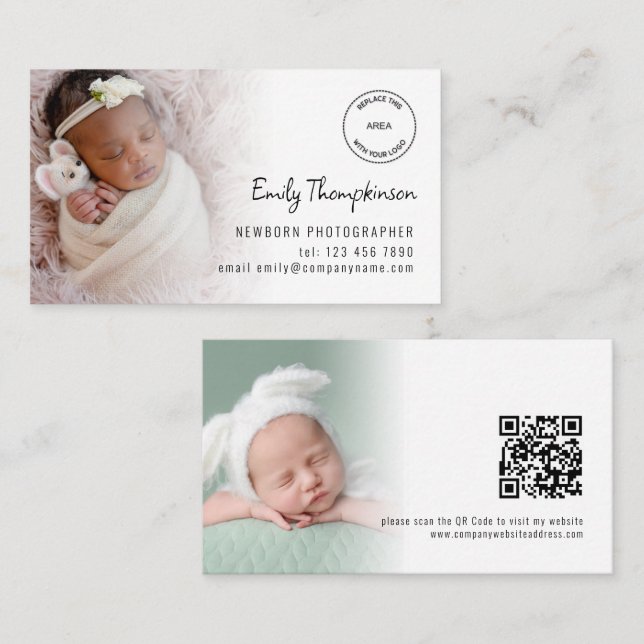 2 Photos Logo QR Code Baby Photographer Business Card (Front/Back)