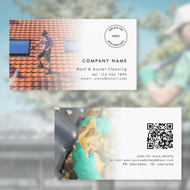 2 Photos Logo QR Code Roof and Gutter Cleaning Business Card Zazzle