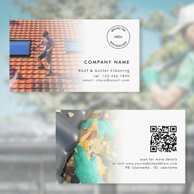 2 Photos Logo QR Code Roof and Gutter Cleaning Business Card (Front and back view)