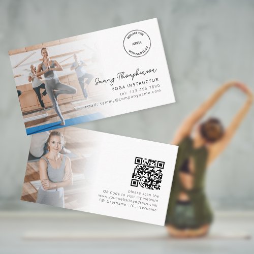 2 Photos Logo QR Code Yoga Instructor Business Card