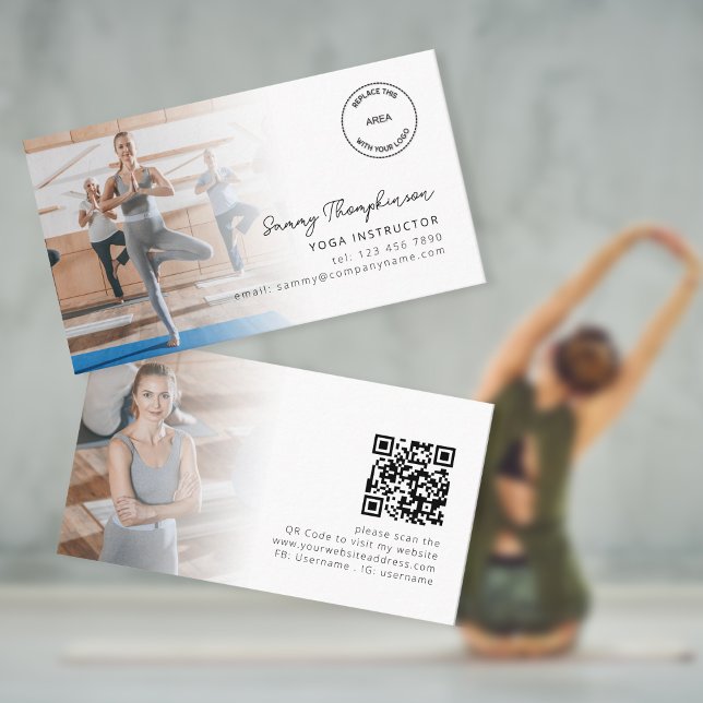 2 Photos Logo QR Code Yoga Instructor Business Card (Front and back view)