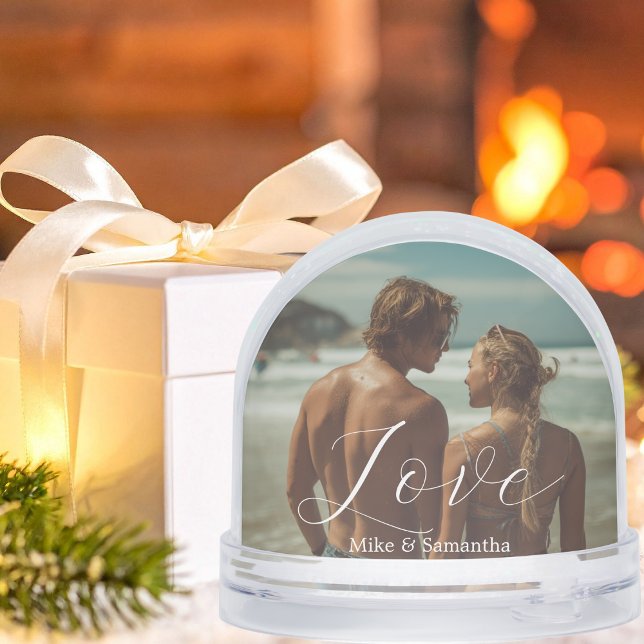 2 Photos Love Name Simple Modern Script Couple Snow Globe (Creator Uploaded)