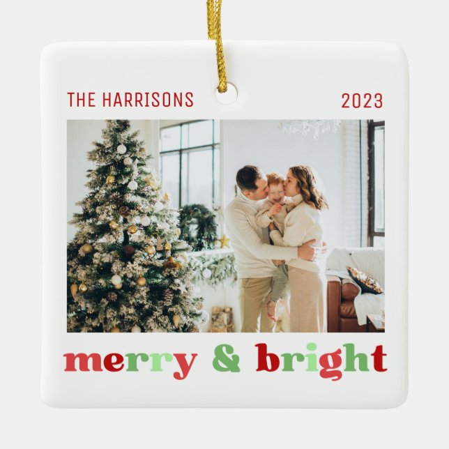 2 Photos Merry & Bright Family Christmas Color  Ceramic Ornament (Front)