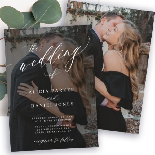2 photos modern elegant overlay script wedding invitation
