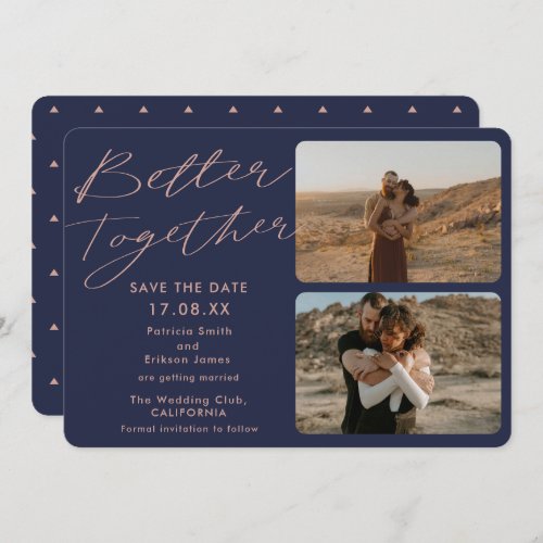 2 photos navy blue better together save the date