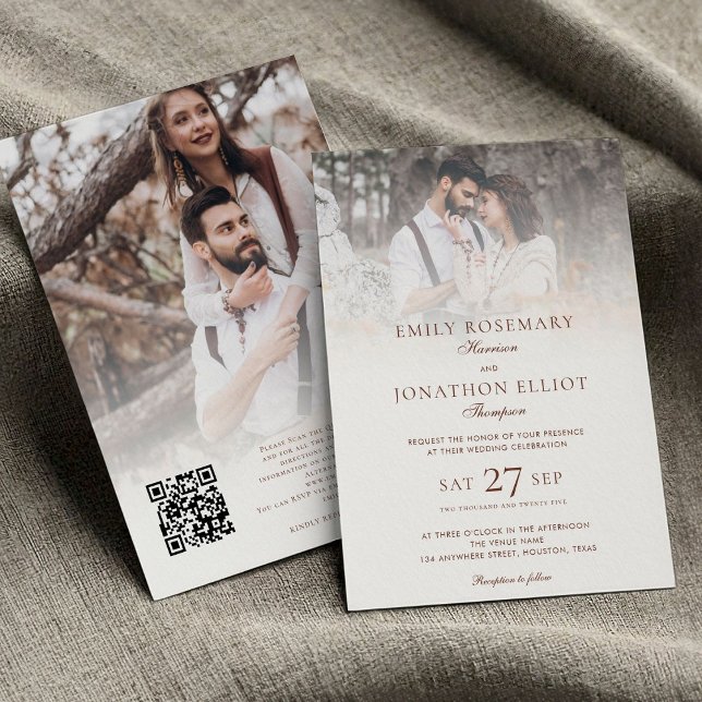2 Photos Overlay QR Code Formal Wedding  Invitation (front and back view)