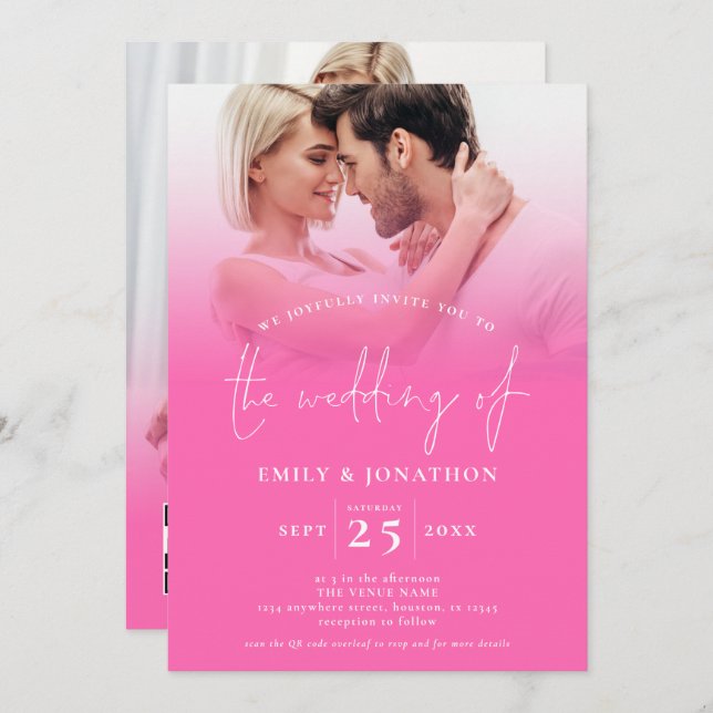  2 Photos Overlay Script QR Code Hot Pink Wedding  Invitation (Front/Back)