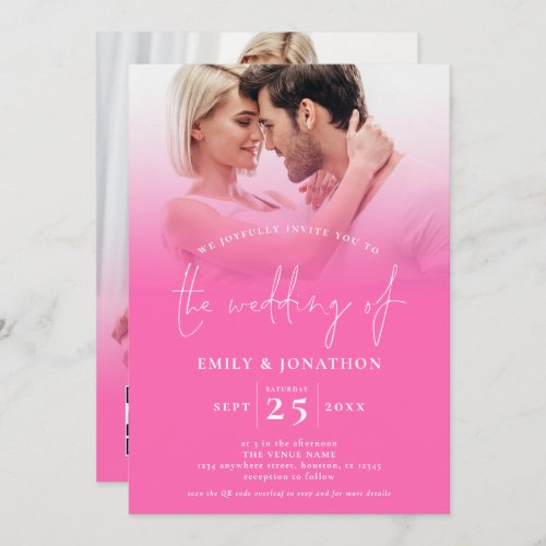  2 Photos Overlay Script QR Code Hot Pink Wedding  Invitation