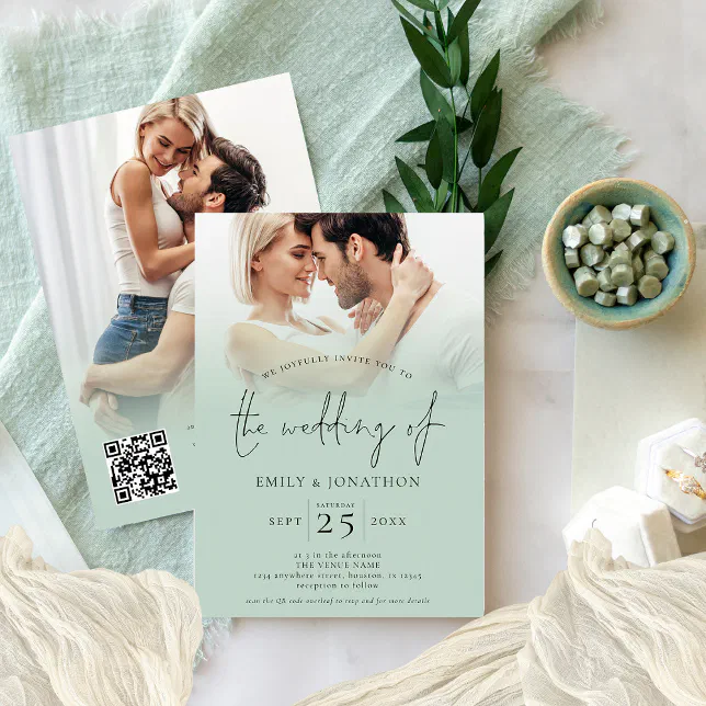 2 Photos Overlay Script QR Code Sage Wedding Invitation | Zazzle