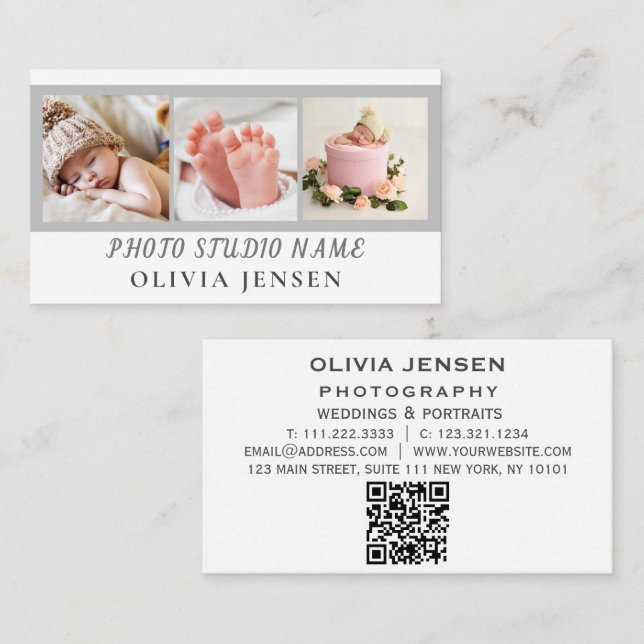 2 Photos QR Code Newborn Baby Photographer  Business Card (Front/Back)