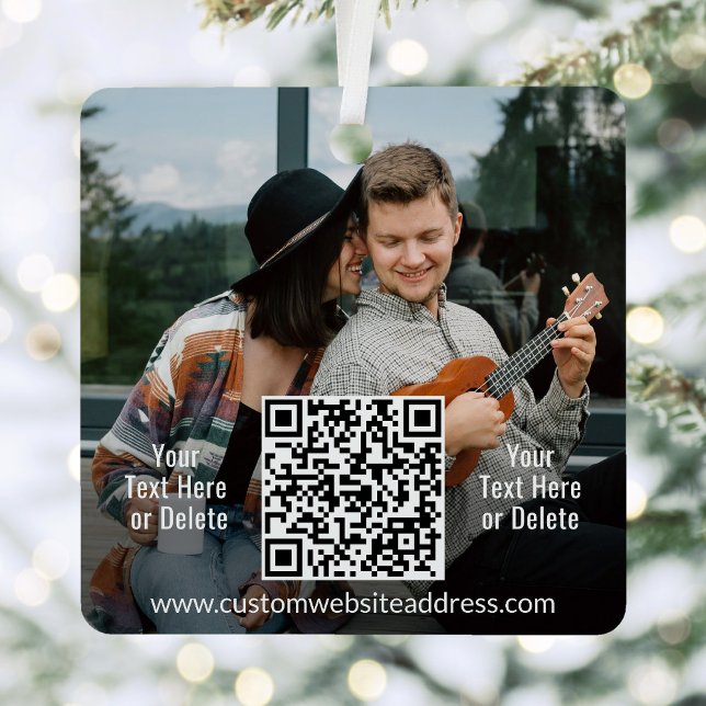 2 Photos & QR Codes Scannable Website Link Square Metal Ornament (Creator Uploaded)
