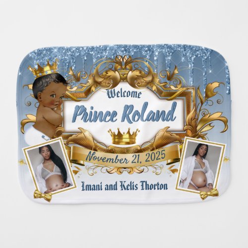  2 Photos Royal African Prince Blue Glitter Drip Baby Burp Cloth