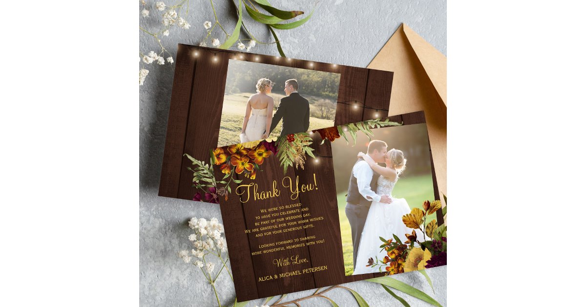 2 photos rustic fall floral barn wood wedding thank you card | Zazzle