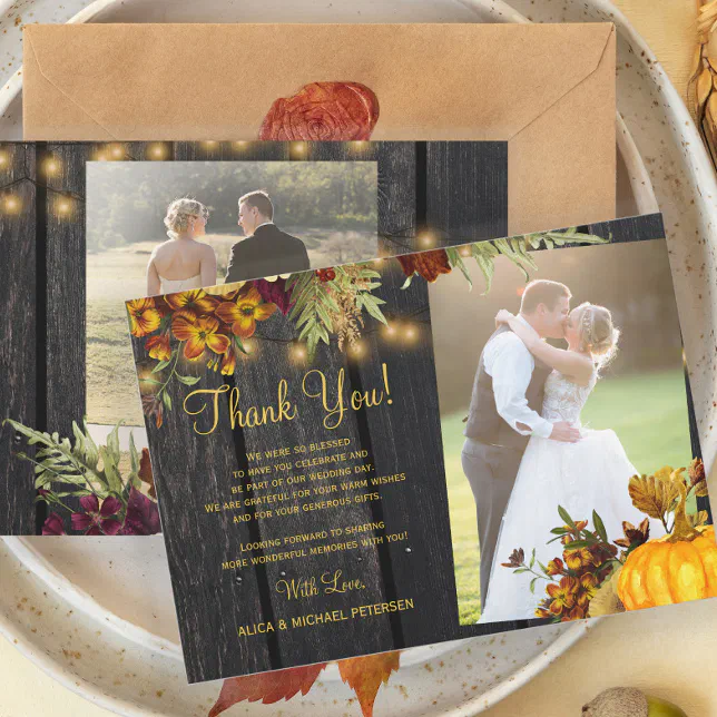 2 photos rustic fall floral barn wood wedding thank you card | Zazzle