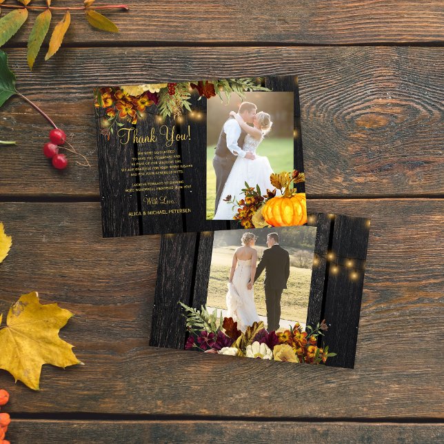 2 photos rustic fall floral wood wedding thank you note card (Creator Uploaded)