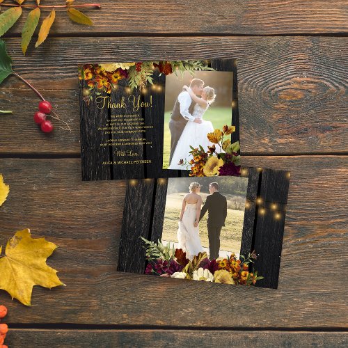 2 photos rustic fall floral wood wedding thank you note card