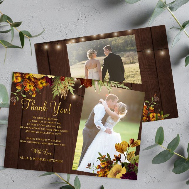 2 photos rustic fall floral wood wedding thank you note card (Creator Uploaded)