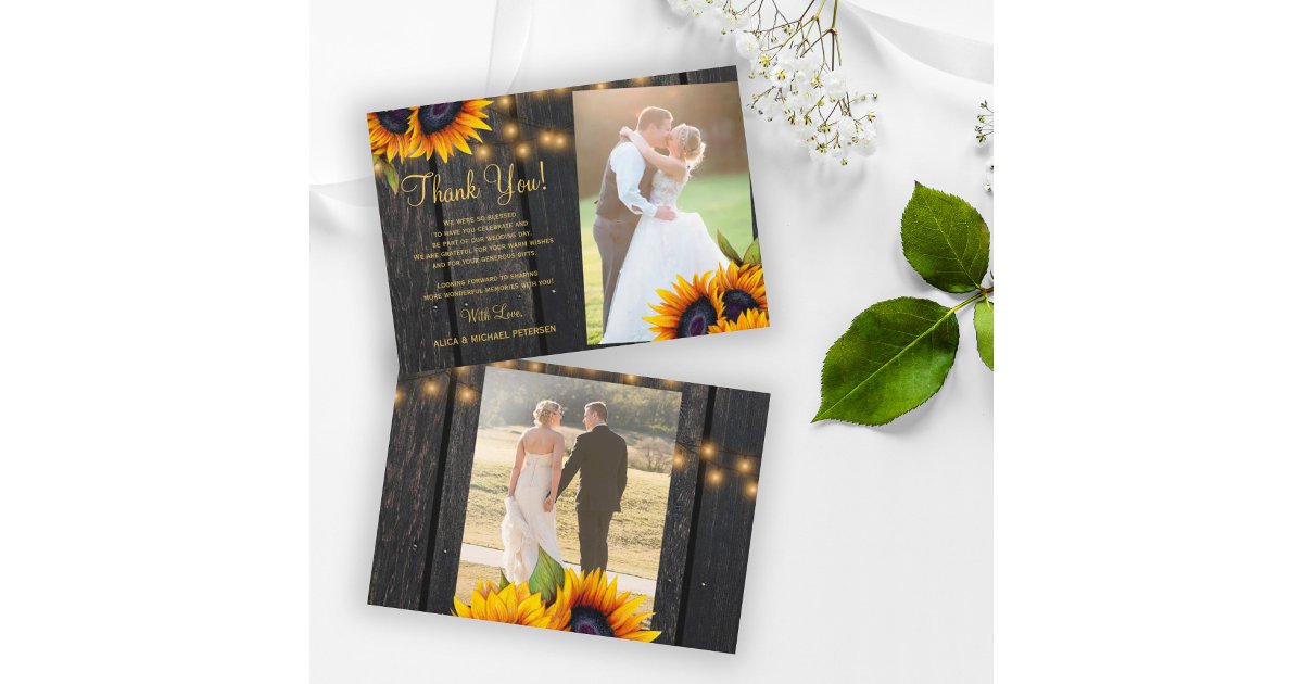 2 photos rustic sunflowers barn wood wedding thank you card | Zazzle